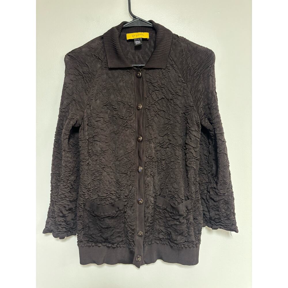 St. John cardigan sweater button brown crinkly textured viscose minimalist 2